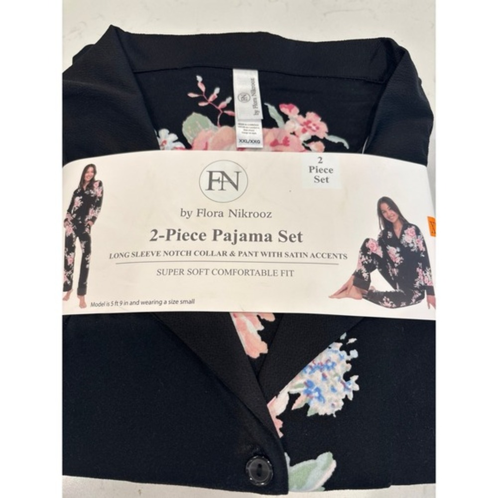 Flora‎ Nikrooz 2 Piece Pajama Set Floral Long Sleeve Notch Collar Black XXL